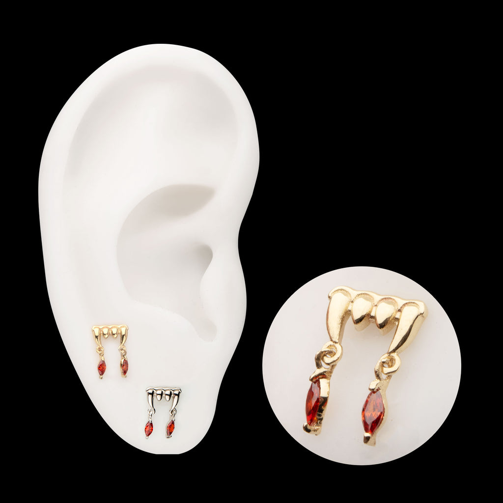 Dripping Fangs with Garnet Marquise Gem Dangle Flatback Stud Earring / Nosering - Garnet in 14Kt Gold