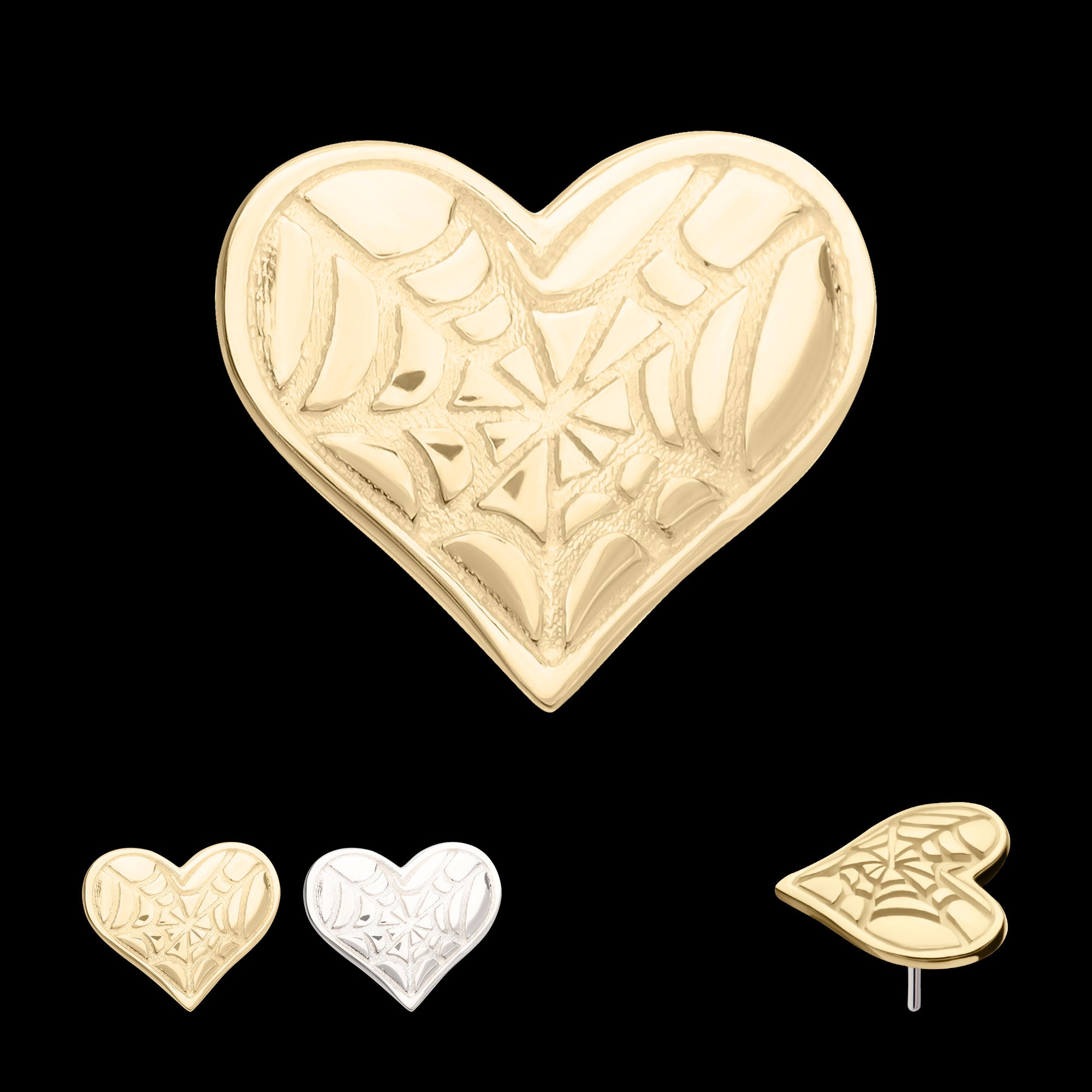 Heart with Carved Spiderweb Flatback Stud Earring / Nosering - 14Kt Gold
