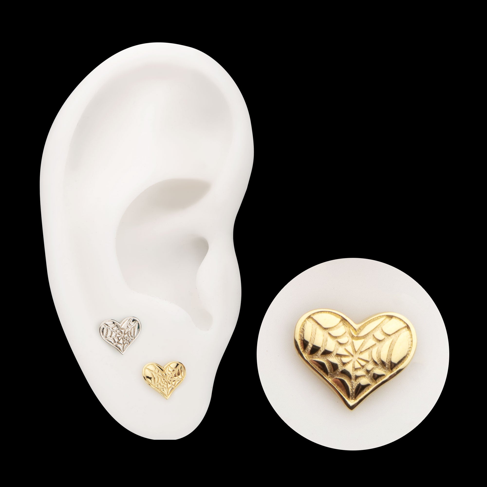 Heart with Carved Spiderweb Flatback Stud Earring / Nosering - 14Kt Gold