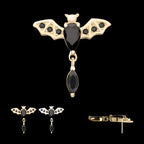 Prong Set Gem Flying Bat with Black Marquise Dangle Flatback Stud Earring / Nosering - Gem in 14Kt Gold