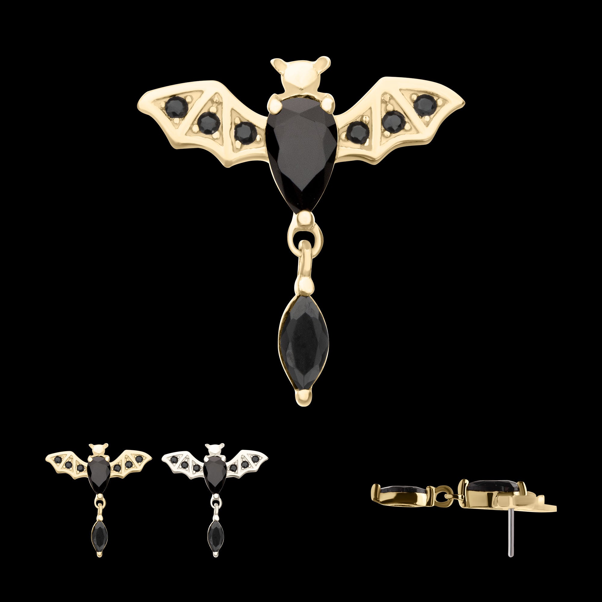 Prong Set Gem Flying Bat with Black Marquise Dangle Flatback Stud Earring / Nosering - Gem in 14Kt Gold