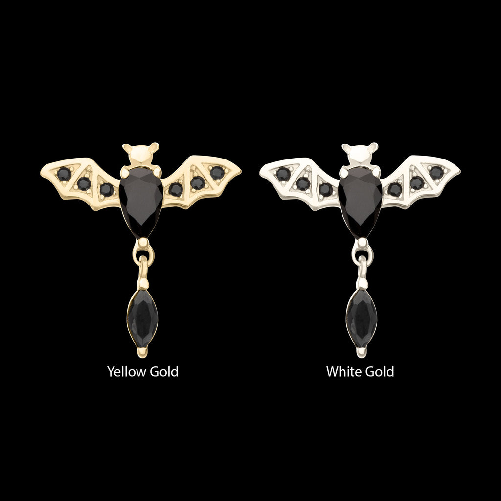 Prong Set Gem Flying Bat with Black Marquise Dangle Flatback Stud Earring / Nosering - Gem in 14Kt Gold