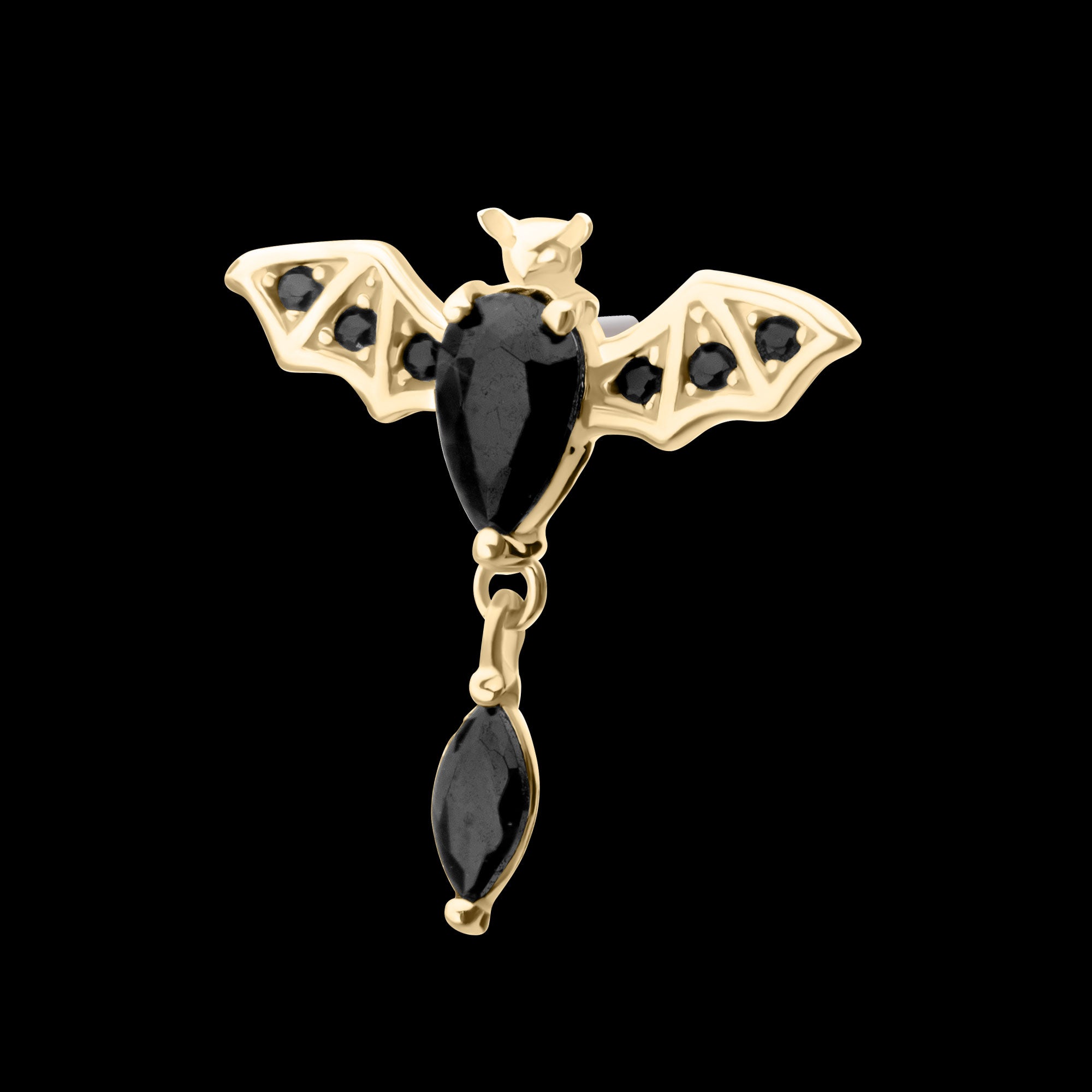 Prong Set Gem Flying Bat with Black Marquise Dangle Flatback Stud Earring / Nosering - Gem in 14Kt Gold