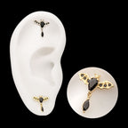 Prong Set Gem Flying Bat with Black Marquise Dangle Flatback Stud Earring / Nosering - Gem in 14Kt Gold