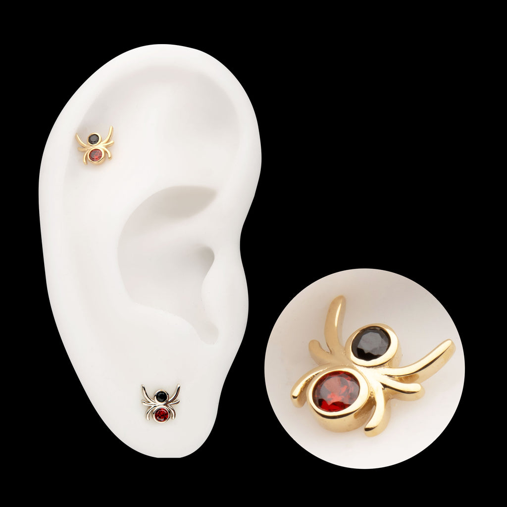 Spider with Double Bezel Gem Flatback Stud Earring / Nosering - Gem in 14Kt Gold