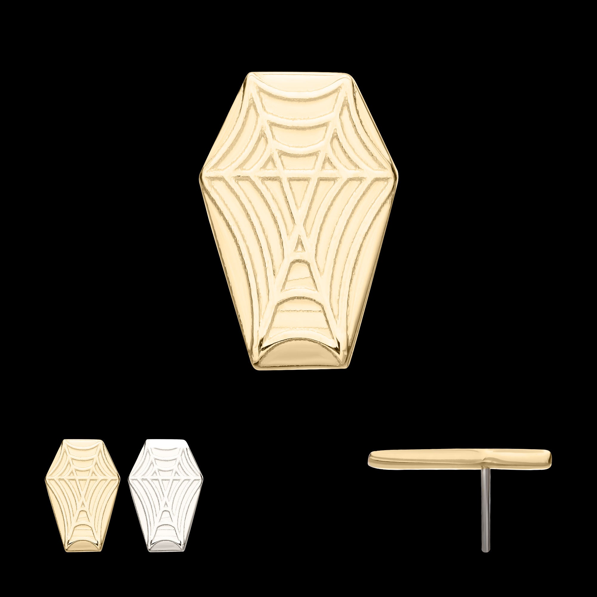 Coffin with Carved Spiderweb Flatback Stud Earring / Nosering - 14Kt Gold