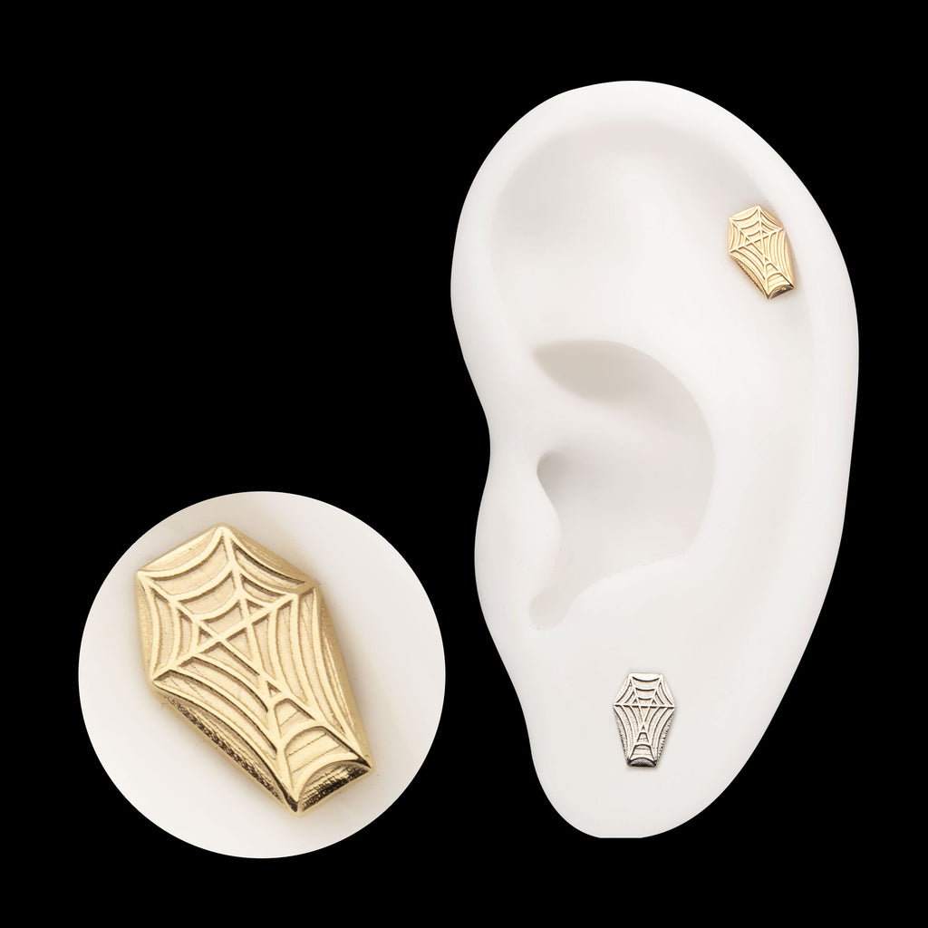 Coffin with Carved Spiderweb Flatback Stud Earring / Nosering - 14Kt Gold