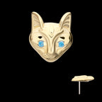 Etched Sphynx Cat Head with Aqua Gem Eyes Flatback Stud Earring / Nosering - Aqua Gem in 14Kt Yellow Gold