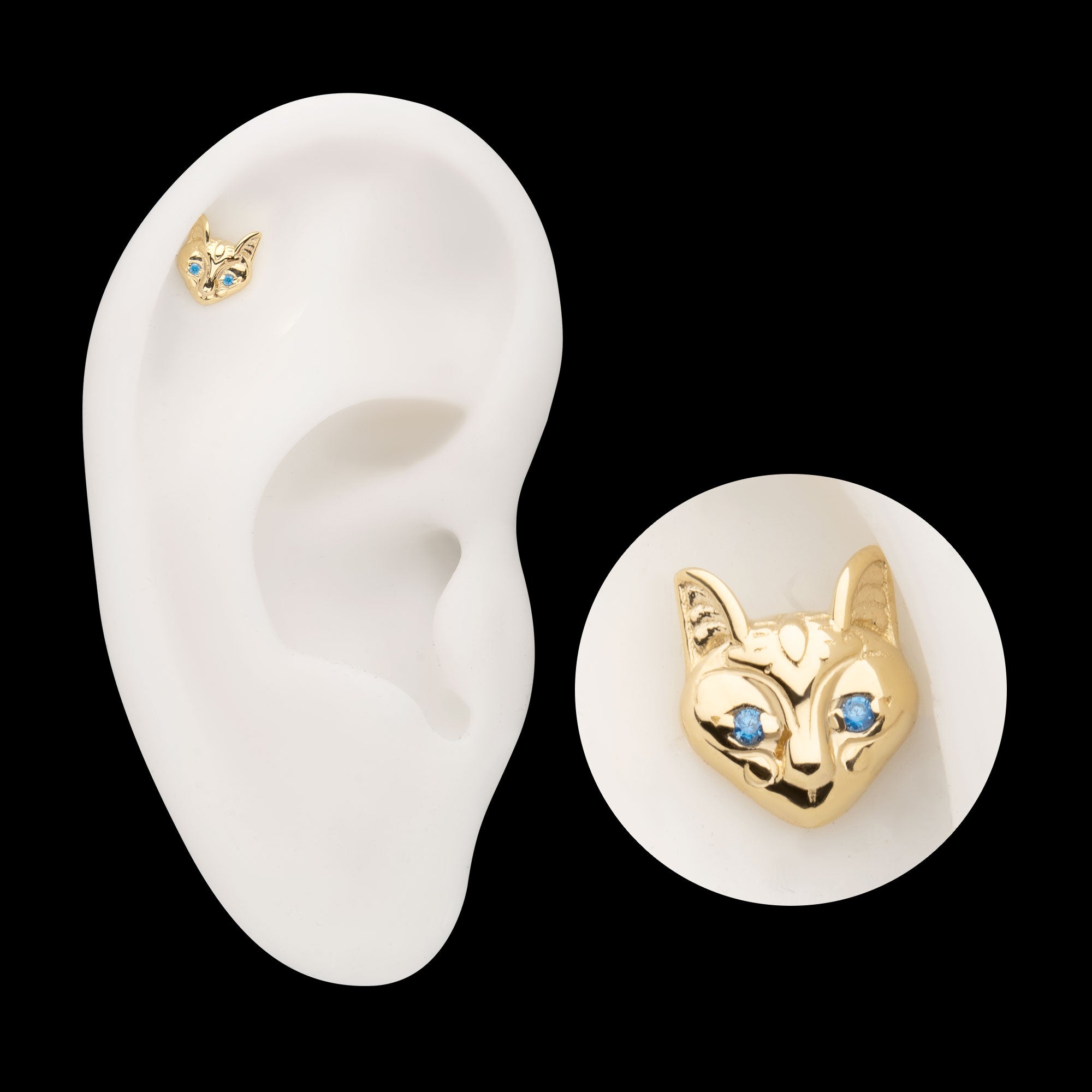 Etched Sphynx Cat Head with Aqua Gem Eyes Flatback Stud Earring / Nosering - Aqua Gem in 14Kt Yellow Gold