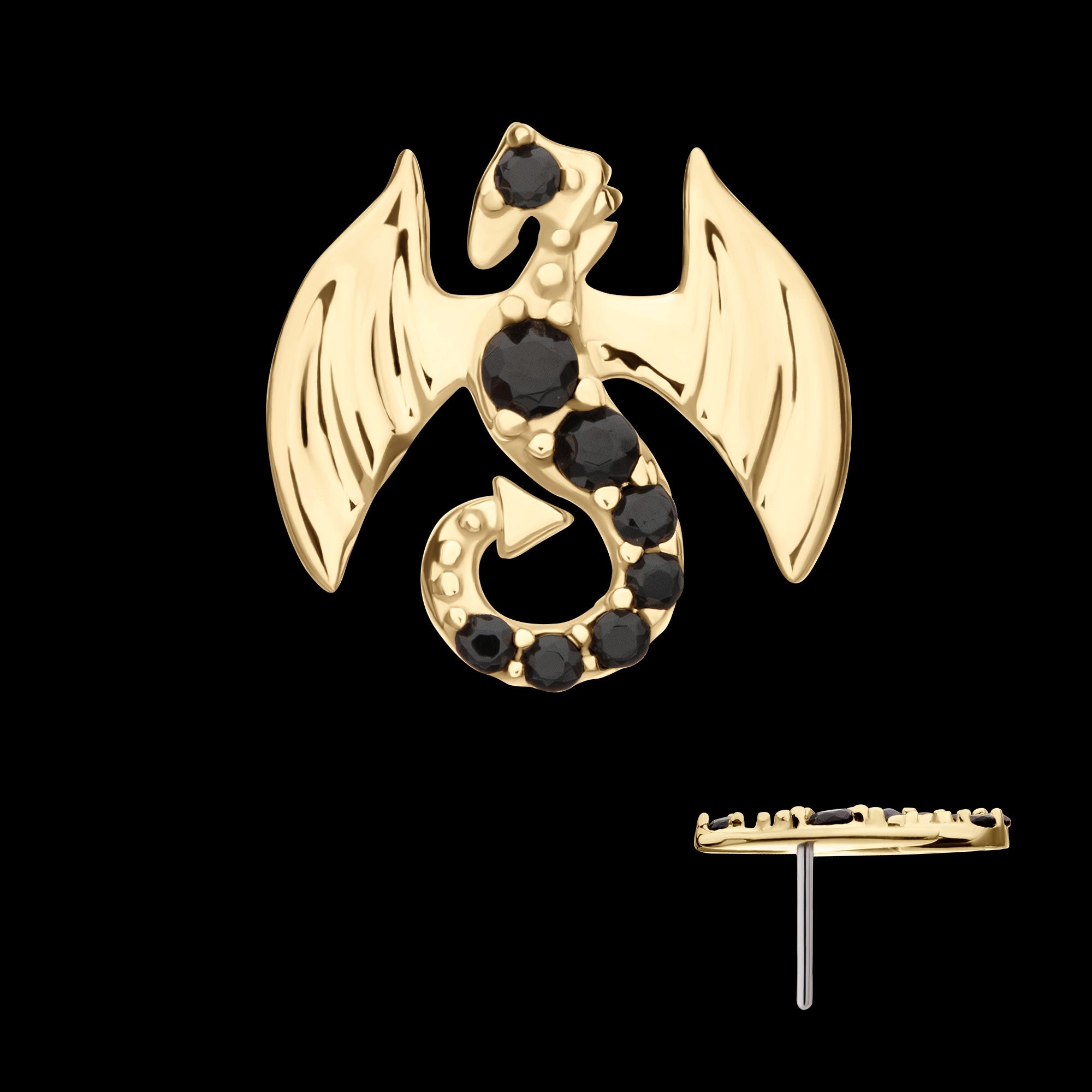 Winged Dragon with Prong Set Black Gem Flatback Stud Earring / Nosering - Black Gem in 14Kt Yellow Gold