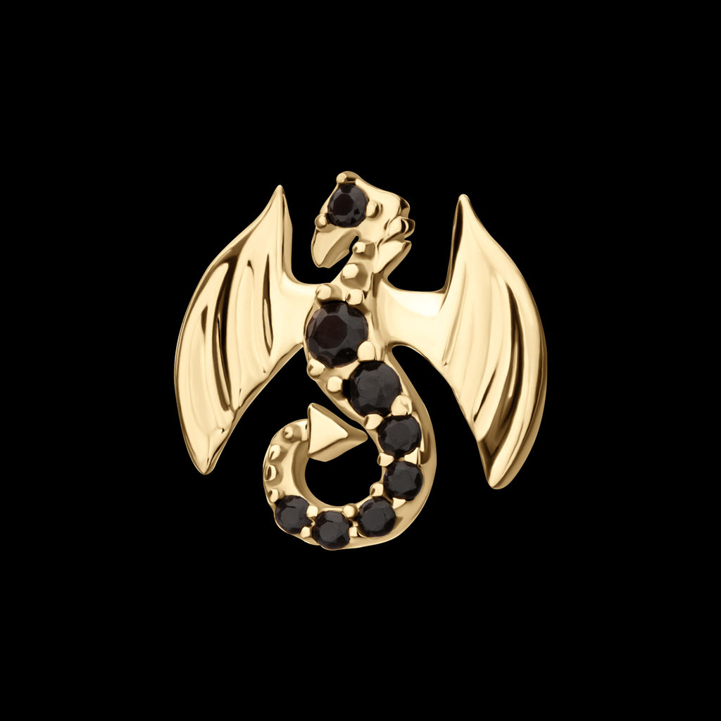 Winged Dragon with Prong Set Black Gem Flatback Stud Earring / Nosering - Black Gem in 14Kt Yellow Gold