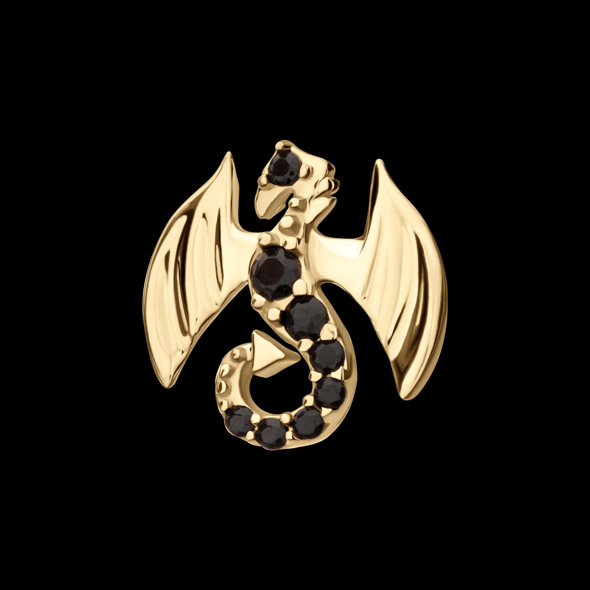 Winged Dragon with Prong Set Black Gem Flatback Stud Earring / Nosering - Black Gem in 14Kt Yellow Gold