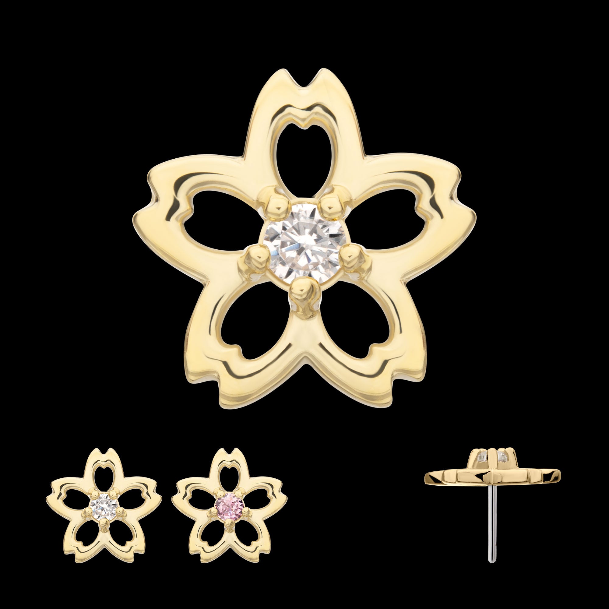Cut Out Cherry Blossom Flower with Prong Set Gem Flatback Stud Earring / Nosering - Gem in 14Kt Yellow Gold
