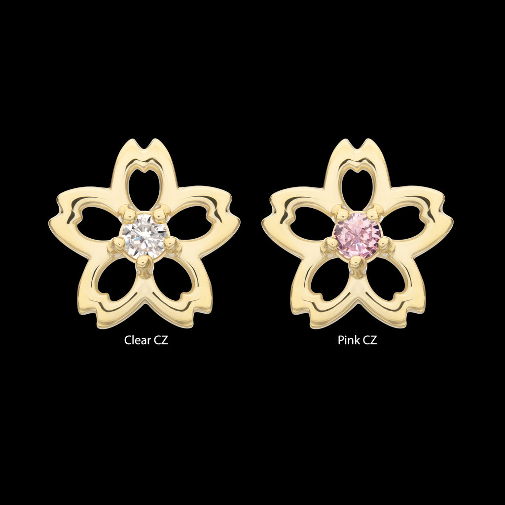 Cut Out Cherry Blossom Flower with Prong Set Gem Flatback Stud Earring / Nosering - Gem in 14Kt Yellow Gold