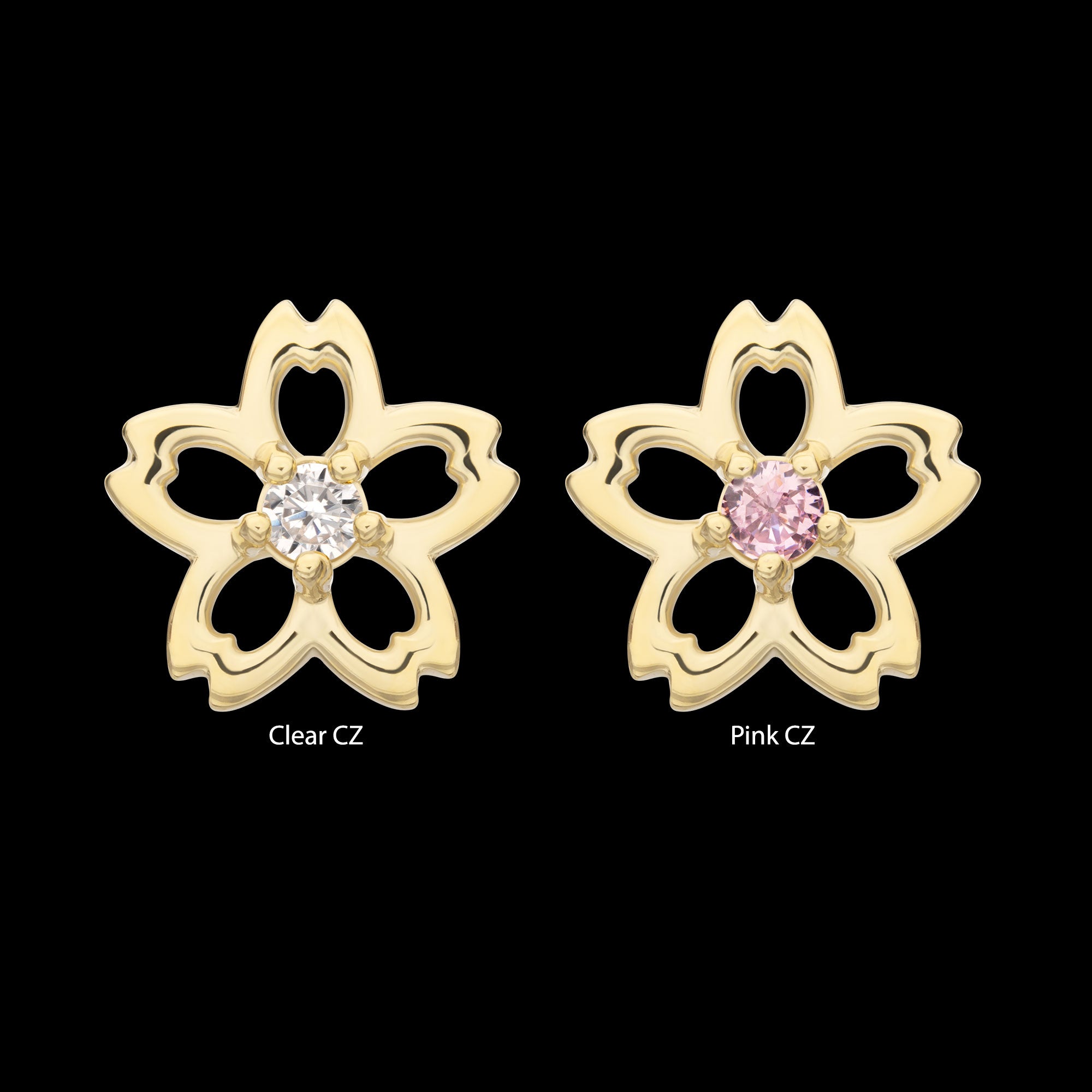 Cut Out Cherry Blossom Flower with Prong Set Gem Flatback Stud Earring / Nosering - Gem in 14Kt Yellow Gold