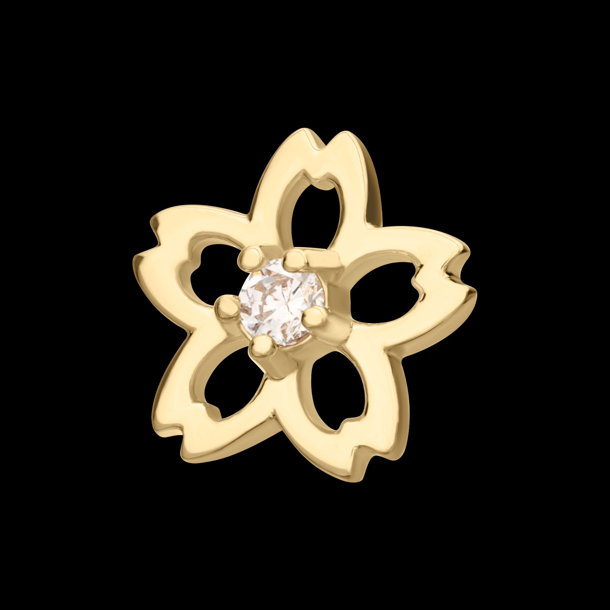 Cut Out Cherry Blossom Flower with Prong Set Gem Flatback Stud Earring / Nosering - Gem in 14Kt Yellow Gold