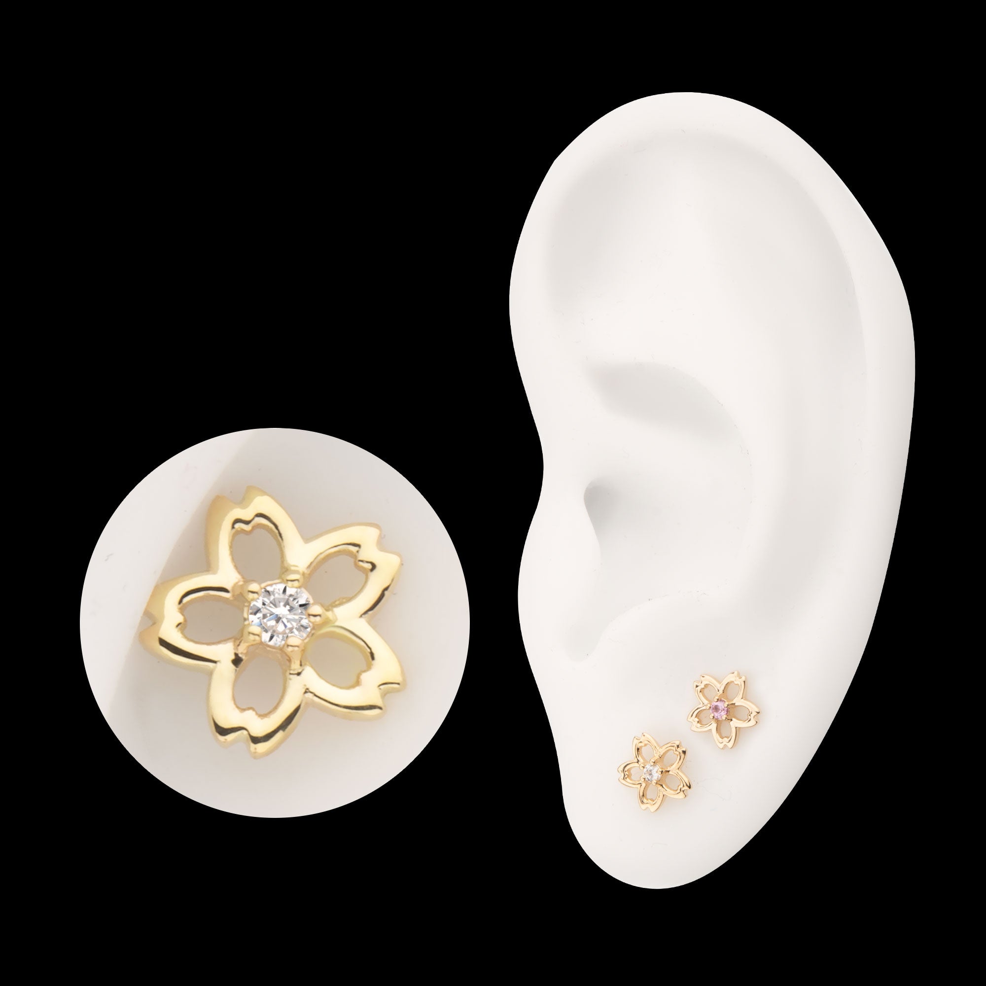 Cut Out Cherry Blossom Flower with Prong Set Gem Flatback Stud Earring / Nosering - Gem in 14Kt Yellow Gold