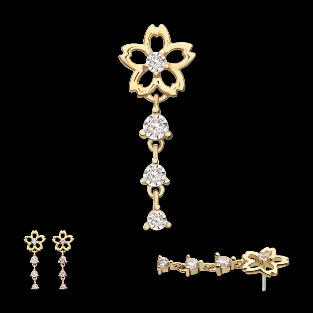Cut Out Cherry Blossom Flower with Triple Prong Set Gem Dangle Flatback Stud Earring / Nosering - Gem in 14Kt Yellow Gold