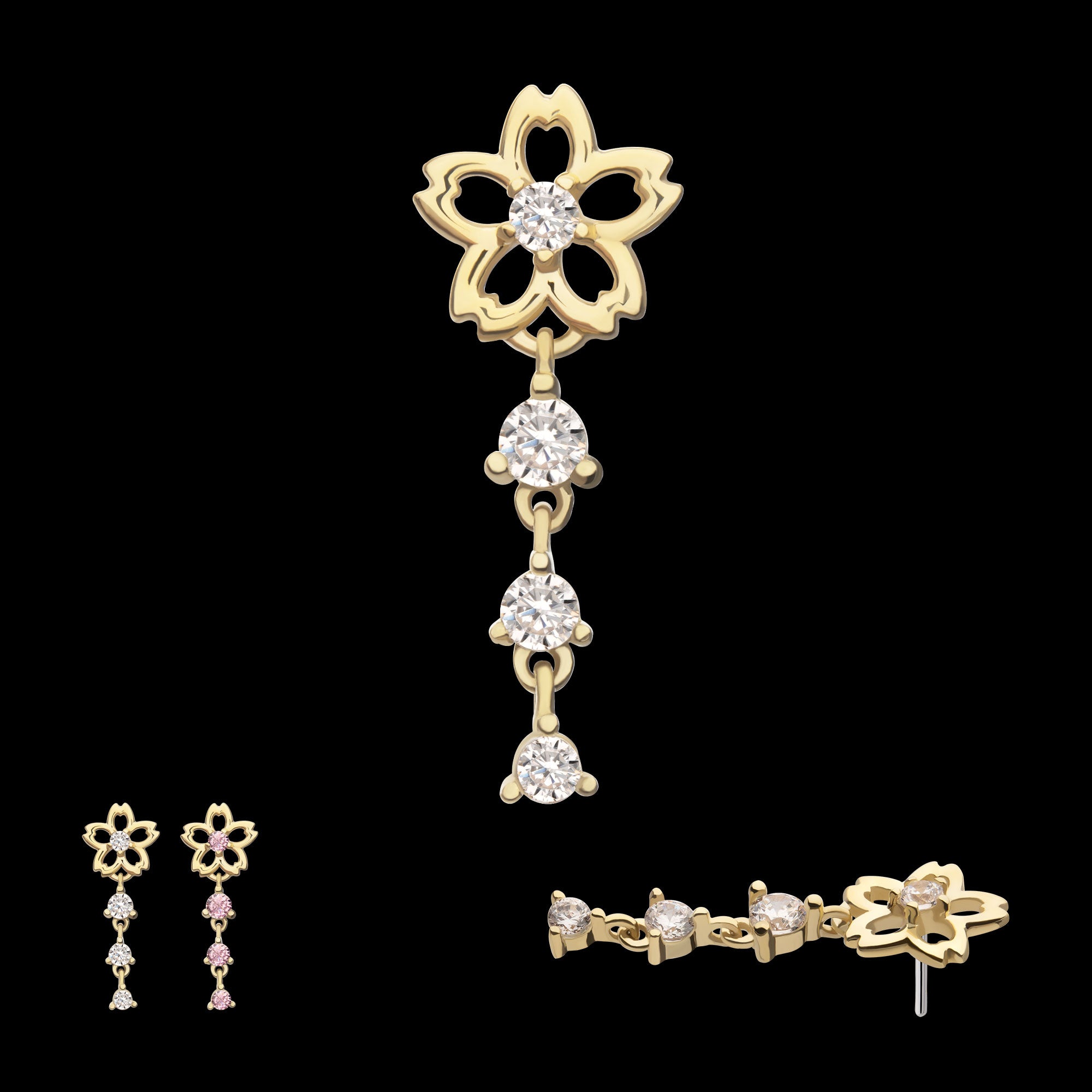 Cut Out Cherry Blossom Flower with Triple Prong Set Gem Dangle Flatback Stud Earring / Nosering - Gem in 14Kt Yellow Gold