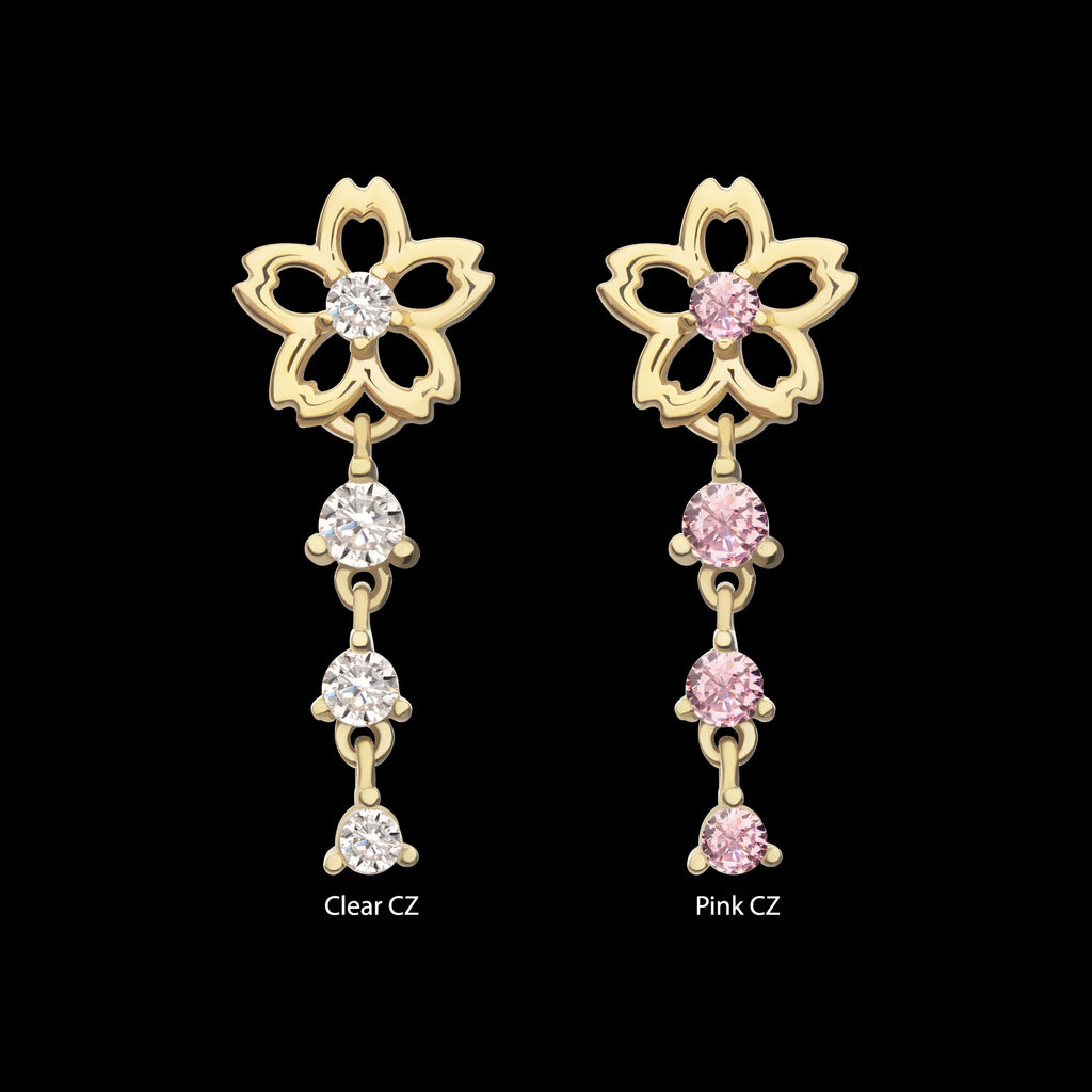 Cut Out Cherry Blossom Flower with Triple Prong Set Gem Dangle Flatback Stud Earring / Nosering - Gem in 14Kt Yellow Gold