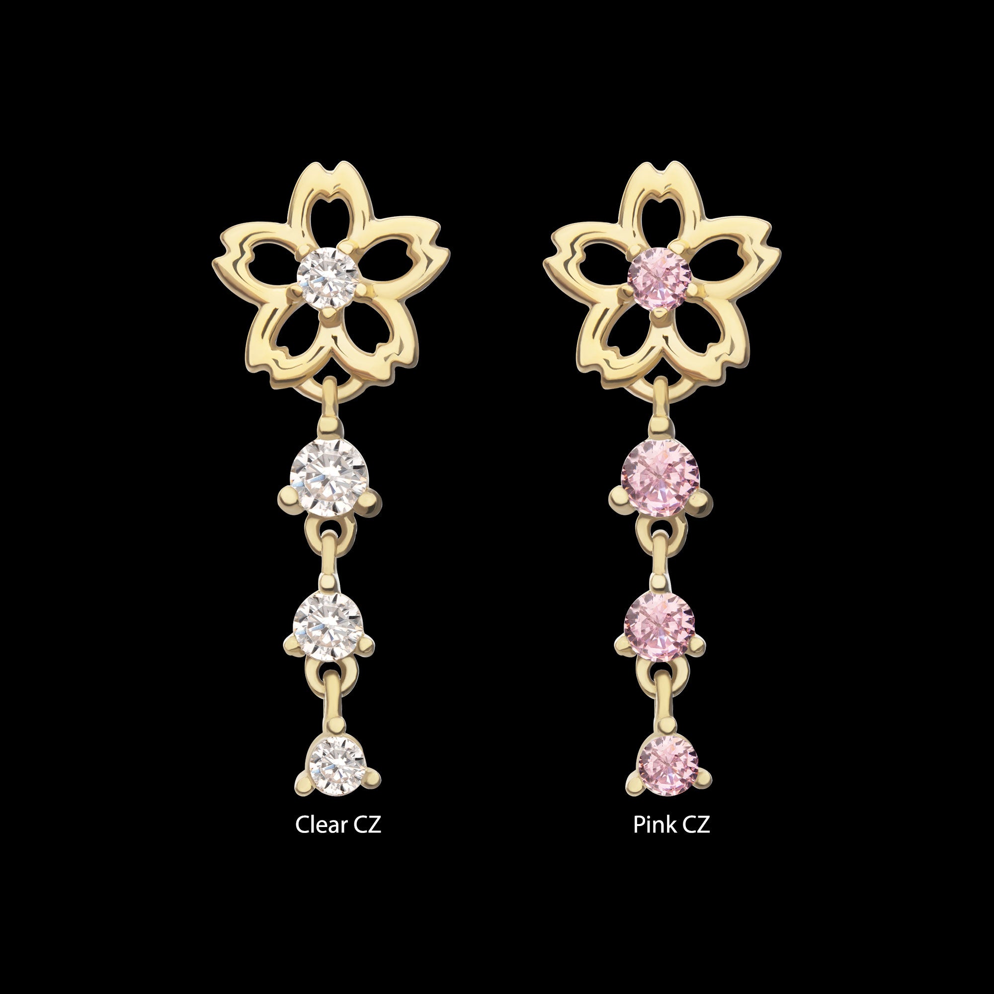 Cut Out Cherry Blossom Flower with Triple Prong Set Gem Dangle Flatback Stud Earring / Nosering - Gem in 14Kt Yellow Gold