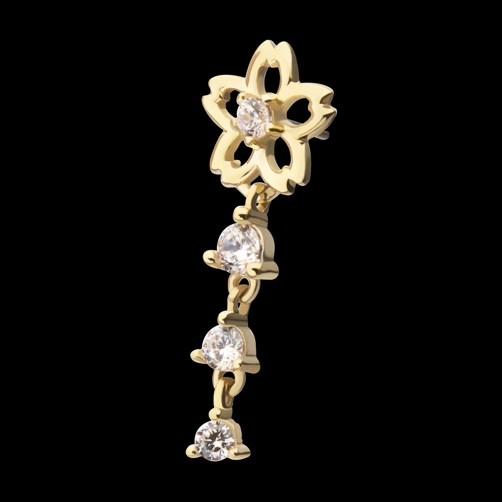Cut Out Cherry Blossom Flower with Triple Prong Set Gem Dangle Flatback Stud Earring / Nosering - Gem in 14Kt Yellow Gold