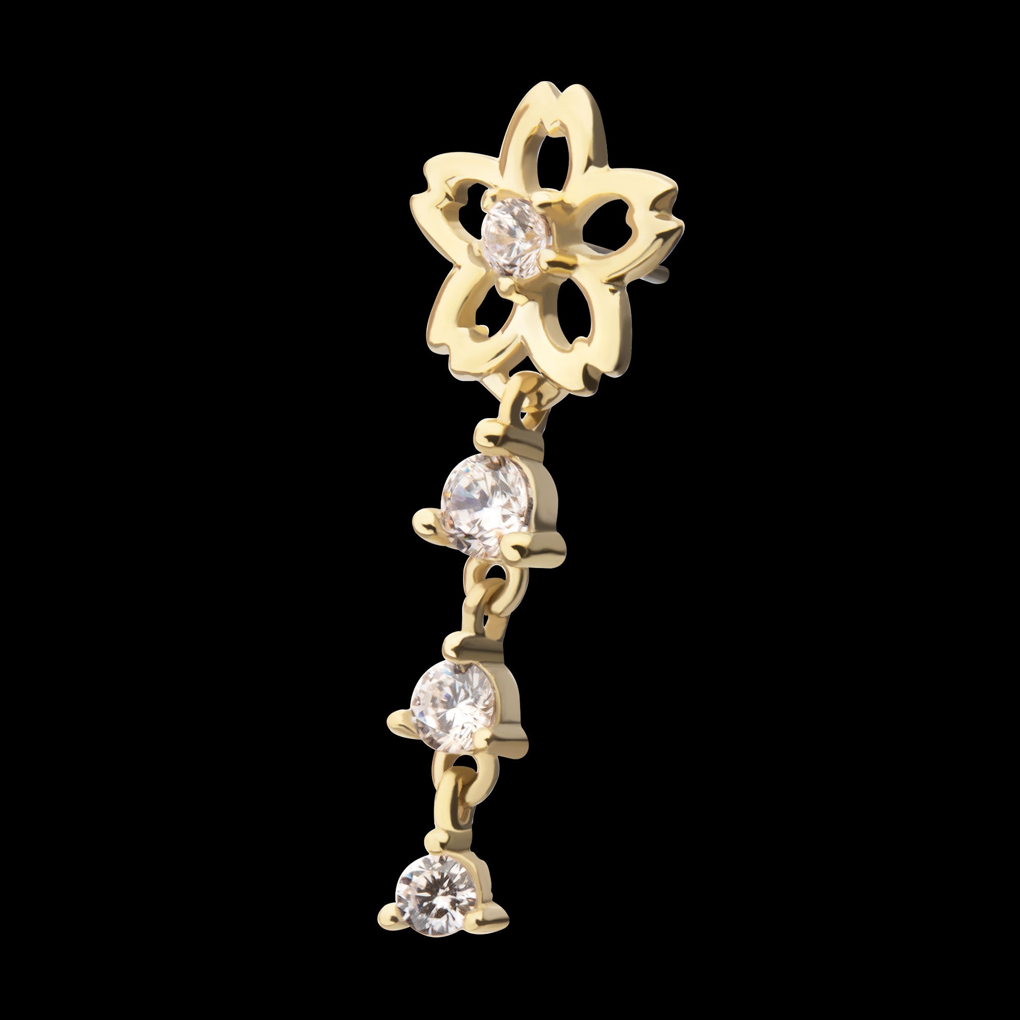 Cut Out Cherry Blossom Flower with Triple Prong Set Gem Dangle Flatback Stud Earring / Nosering - Gem in 14Kt Yellow Gold