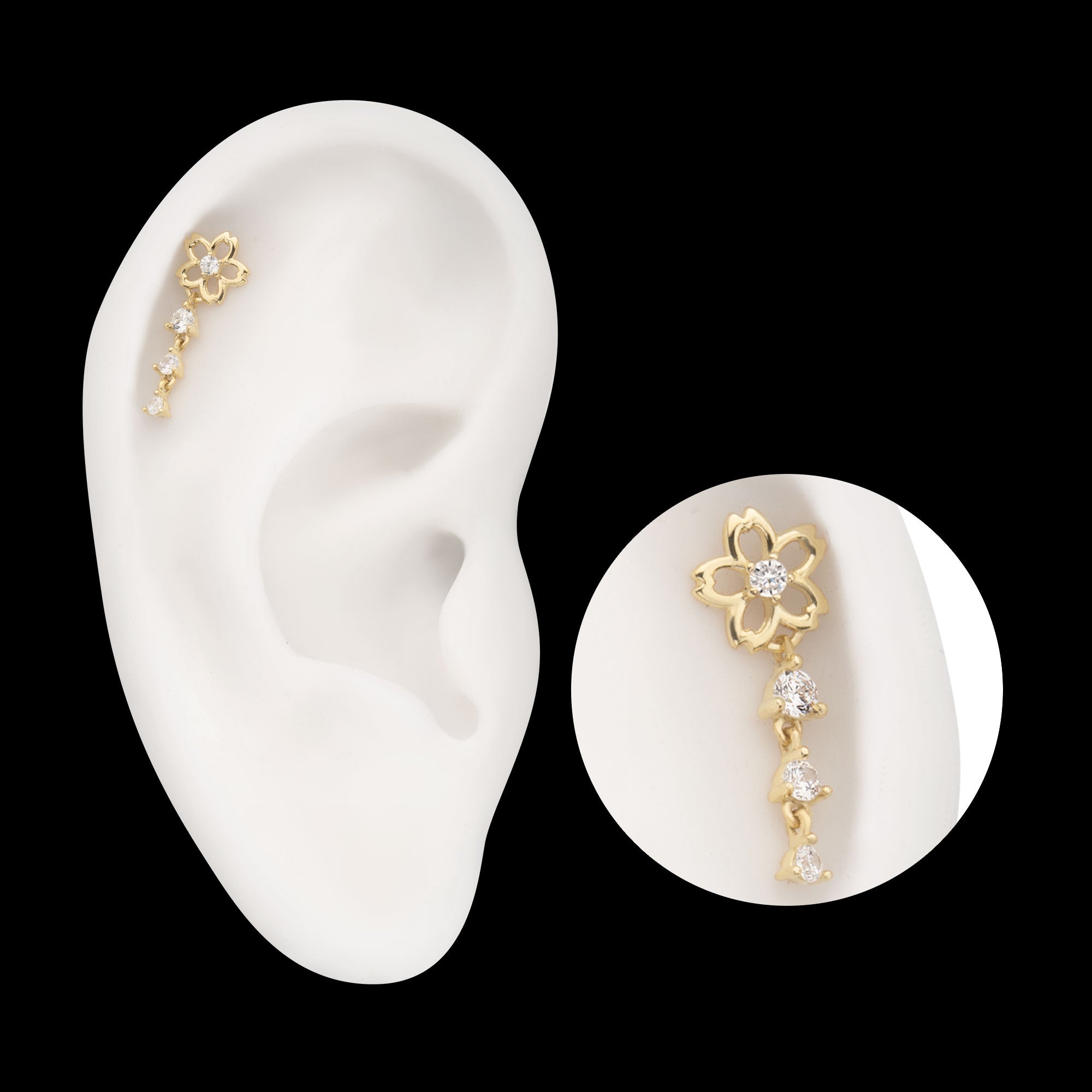Cut Out Cherry Blossom Flower with Triple Prong Set Gem Dangle Flatback Stud Earring / Nosering - Gem in 14Kt Yellow Gold