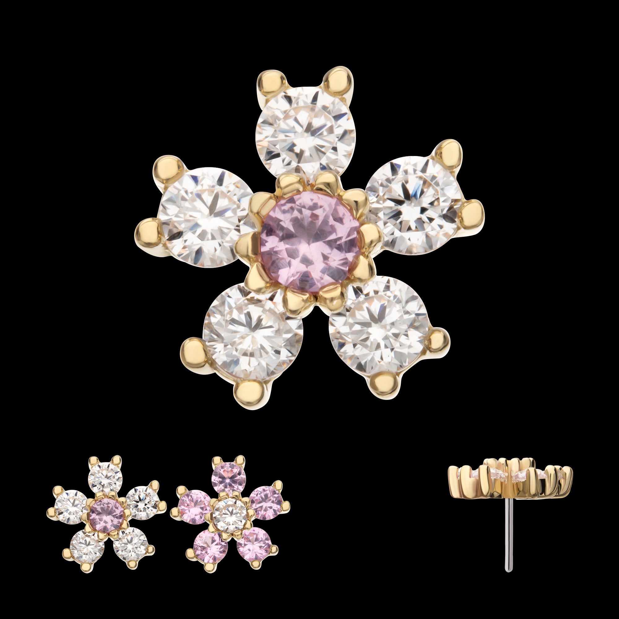 Cherry Blossom Flower with 5-Petal Prong Set Gem Flatback Stud Earring / Nosering - Gem in 14Kt Yellow Gold