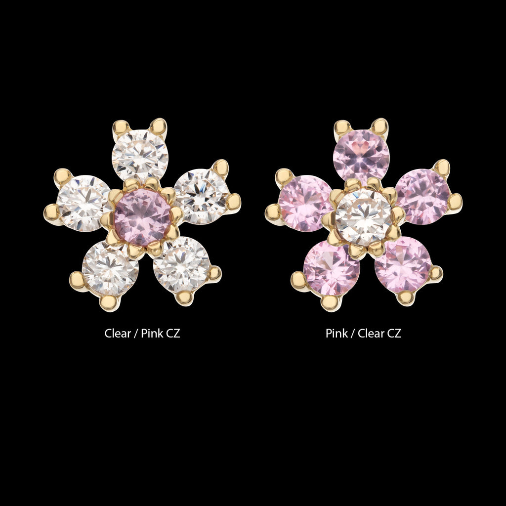 Cherry Blossom Flower with 5-Petal Prong Set Gem Flatback Stud Earring / Nosering - Gem in 14Kt Yellow Gold