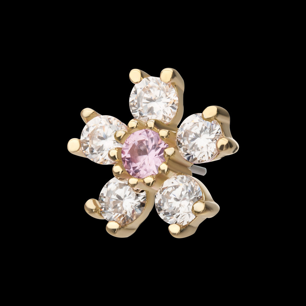 Cherry Blossom Flower with 5-Petal Prong Set Gem Flatback Stud Earring / Nosering - Gem in 14Kt Yellow Gold