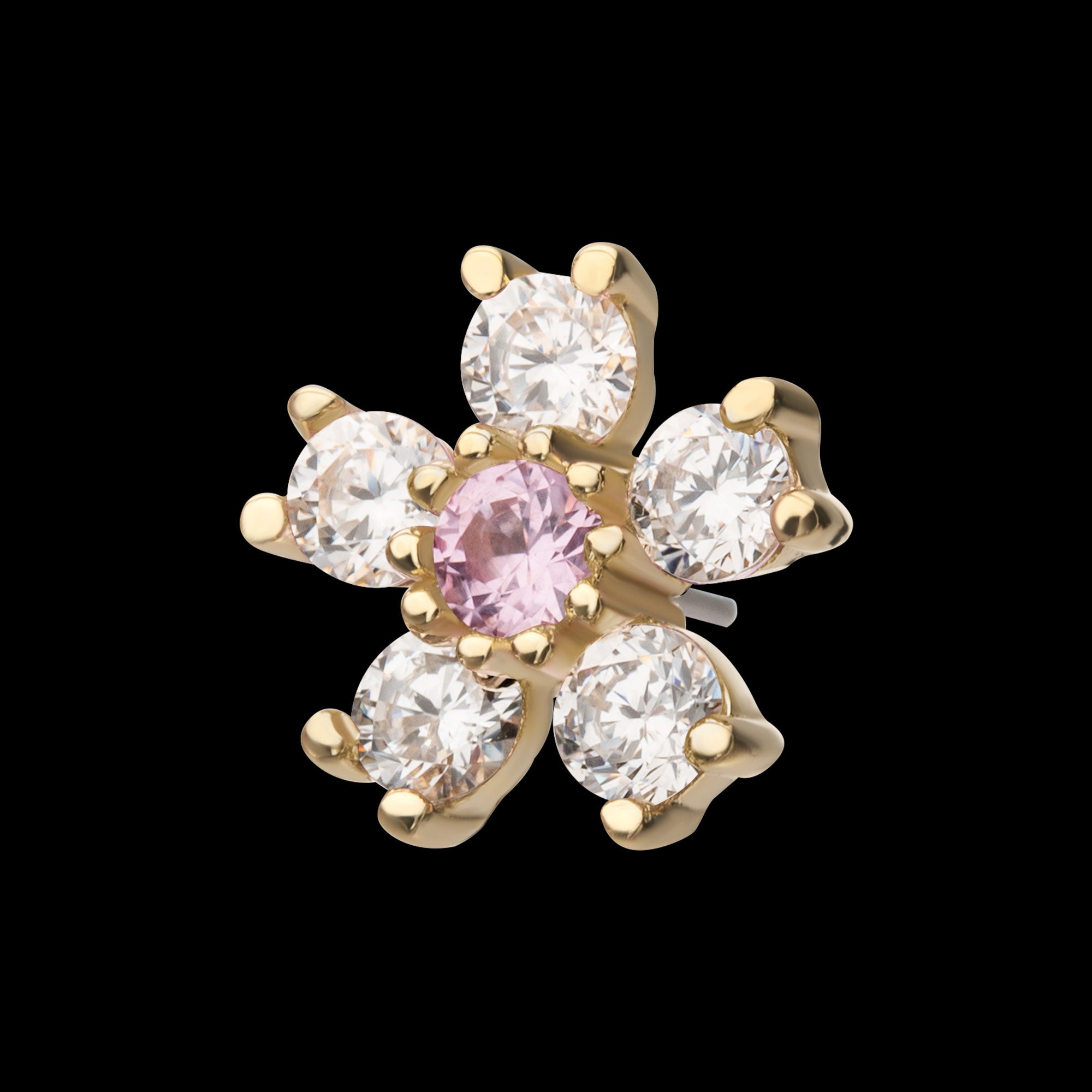Cherry Blossom Flower with 5-Petal Prong Set Gem Flatback Stud Earring / Nosering - Gem in 14Kt Yellow Gold
