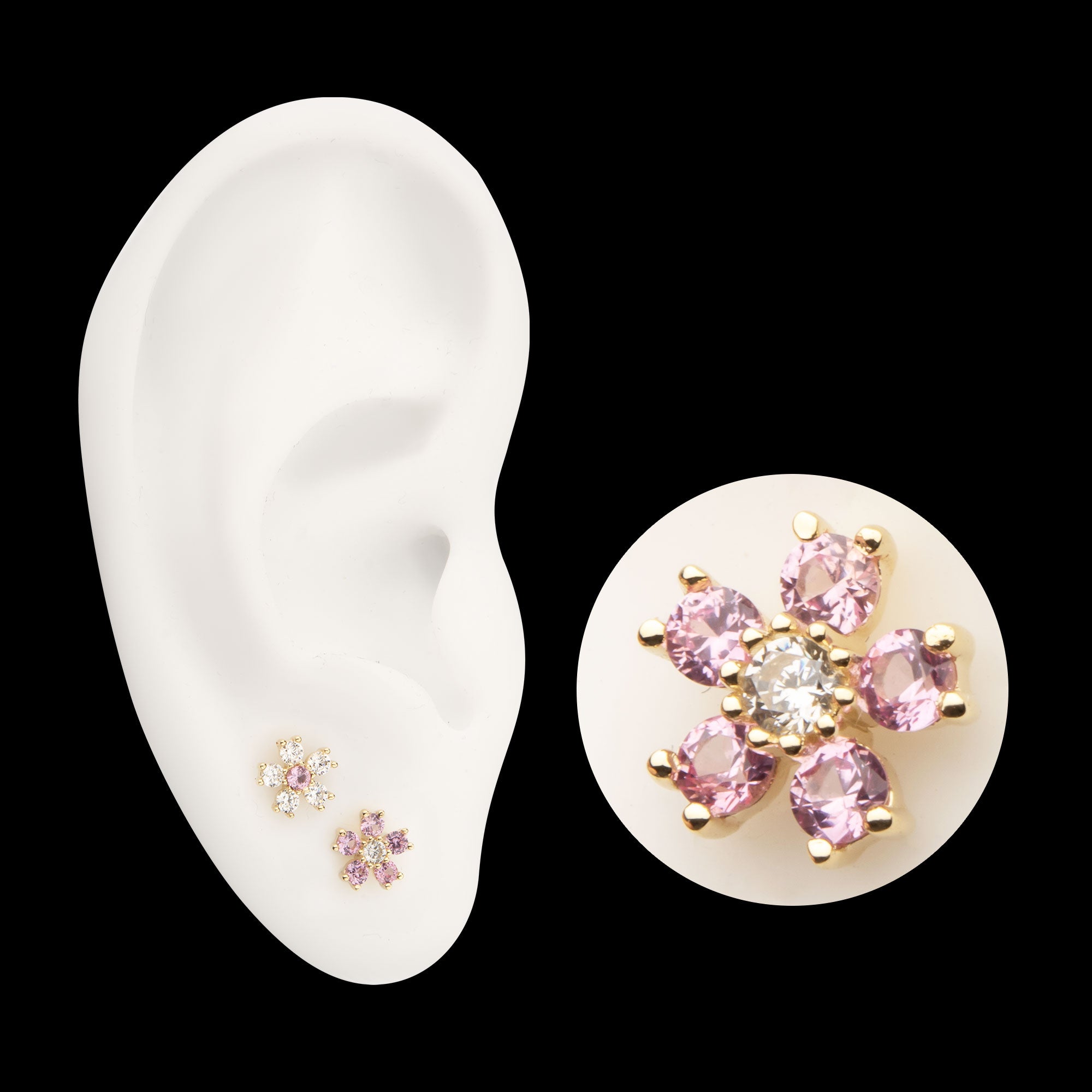 Cherry Blossom Flower with 5-Petal Prong Set Gem Flatback Stud Earring / Nosering - Gem in 14Kt Yellow Gold