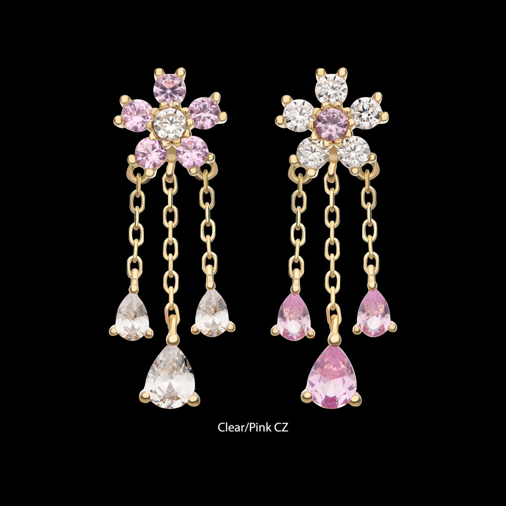 5-Petal Prong Set Gem Cherry Blossom Flower with Triple Teardrop Dangle Flatback Stud Earring / Nosering - Gem in 14Kt Yellow Gold