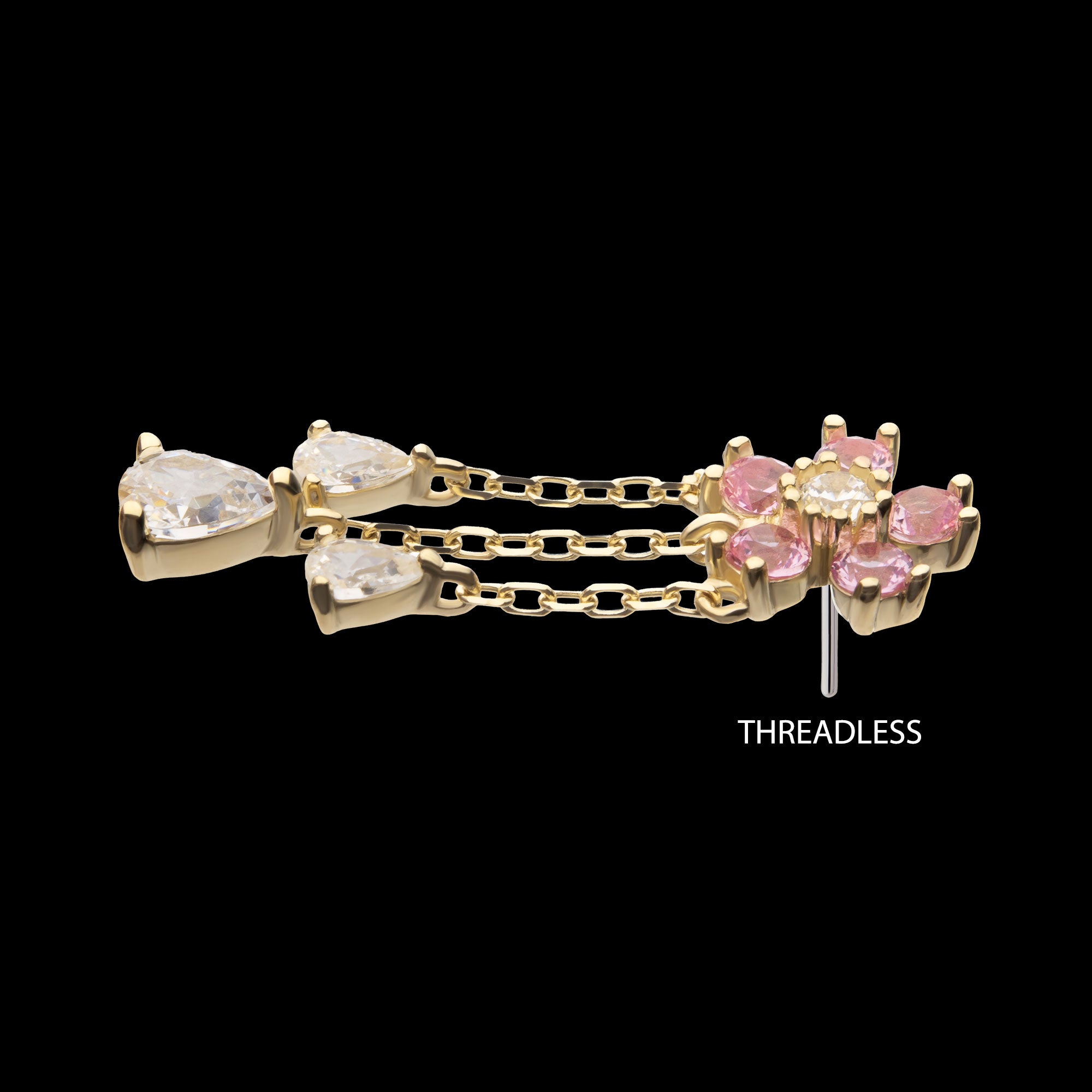 5-Petal Prong Set Gem Cherry Blossom Flower with Triple Teardrop Dangle Flatback Stud Earring / Nosering - Gem in 14Kt Yellow Gold