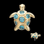 2D Sea Turtle with Bezel Aqua Gem Flatback Stud Earring / Nosering - Aqua Gem in 14Kt Yellow Gold