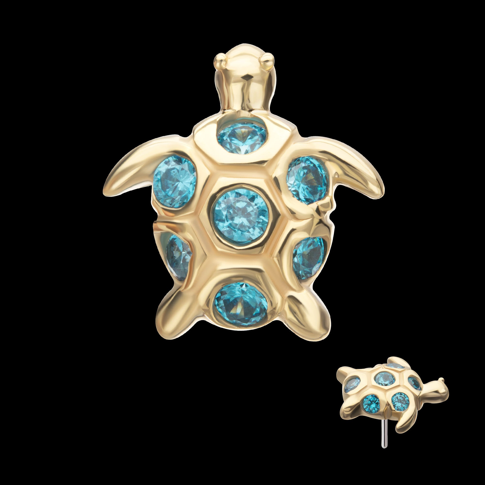 2D Sea Turtle with Bezel Aqua Gem Flatback Stud Earring / Nosering - Aqua Gem in 14Kt Yellow Gold