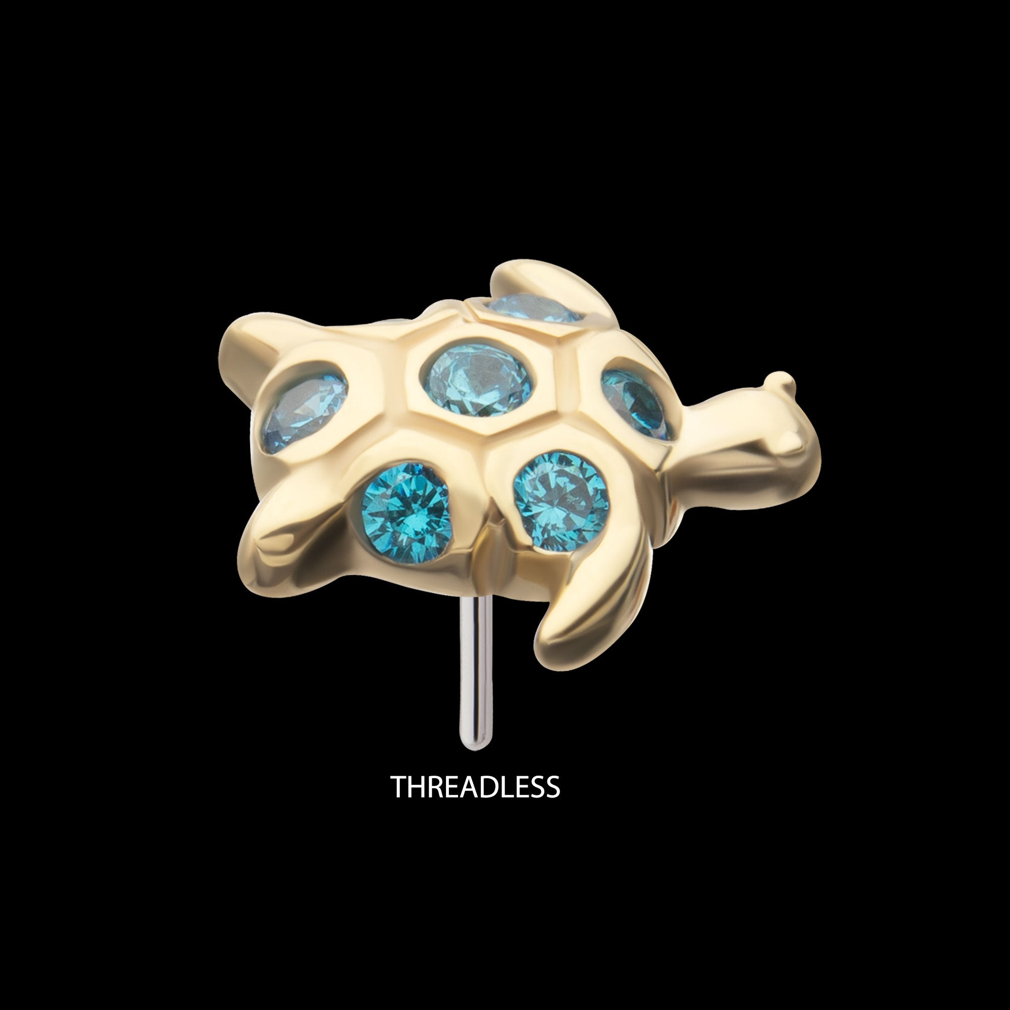 2D Sea Turtle with Bezel Aqua Gem Flatback Stud Earring / Nosering - Aqua Gem in 14Kt Yellow Gold