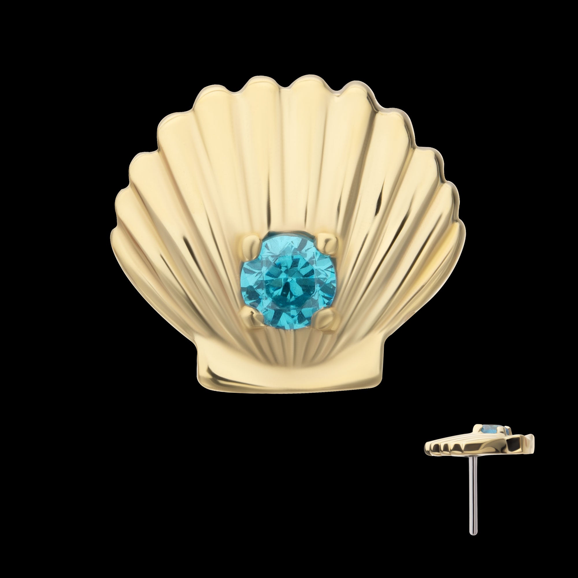 Etched Seashell with Prong Set Aqua Gem Flatback Stud Earring / Nosering - Aqua Gem in 14Kt Yellow Gold
