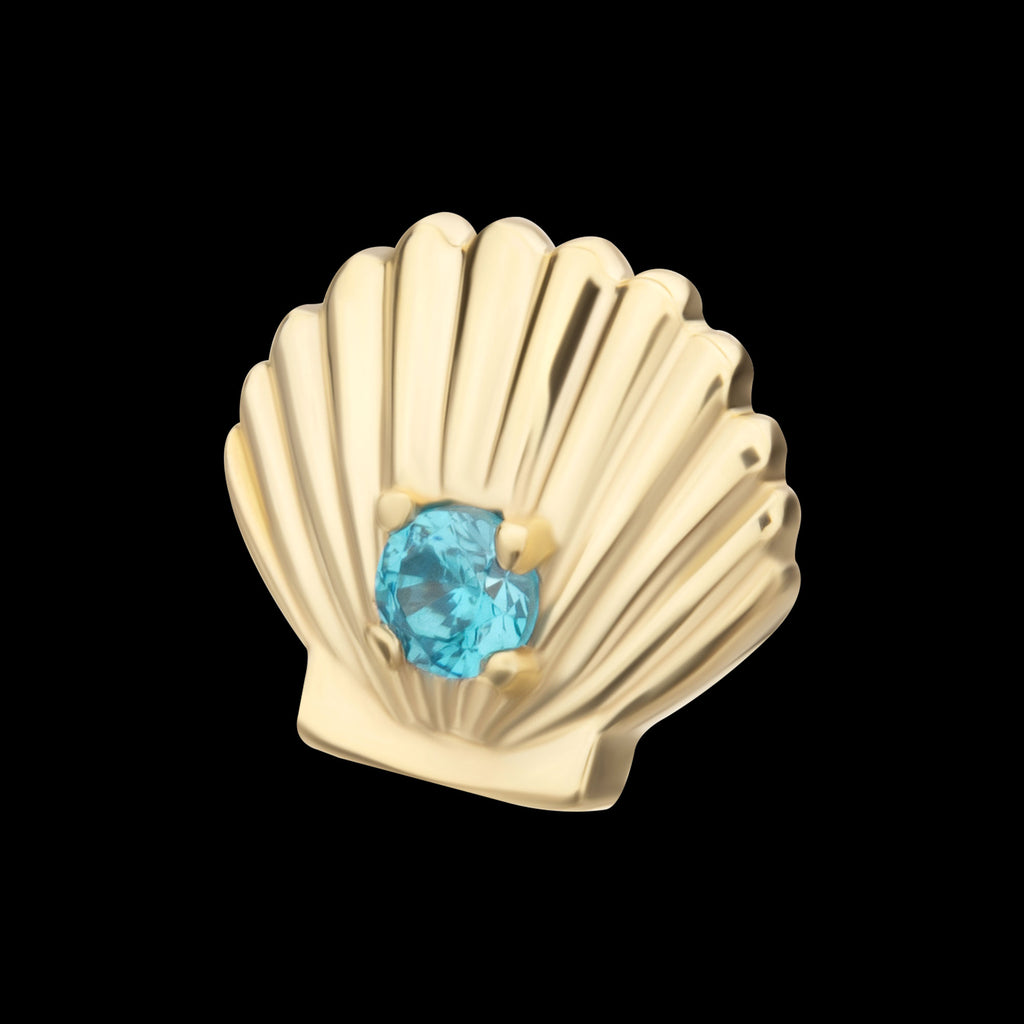 Etched Seashell with Prong Set Aqua Gem Flatback Stud Earring / Nosering - Aqua Gem in 14Kt Yellow Gold
