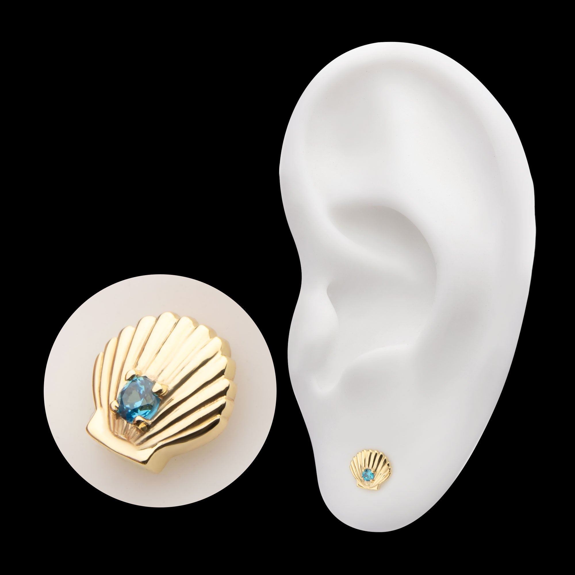 Etched Seashell with Prong Set Aqua Gem Flatback Stud Earring / Nosering - Aqua Gem in 14Kt Yellow Gold