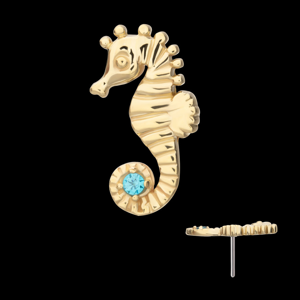 Etched Seahorse with Prong Set Aqua Gem Flatback Stud Earring / Nosering - Aqua Gem in 14Kt Yellow Gold