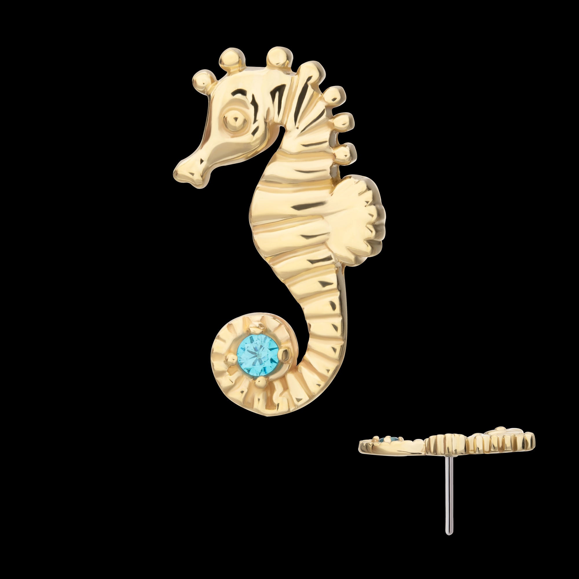 Etched Seahorse with Prong Set Aqua Gem Flatback Stud Earring / Nosering - Aqua Gem in 14Kt Yellow Gold