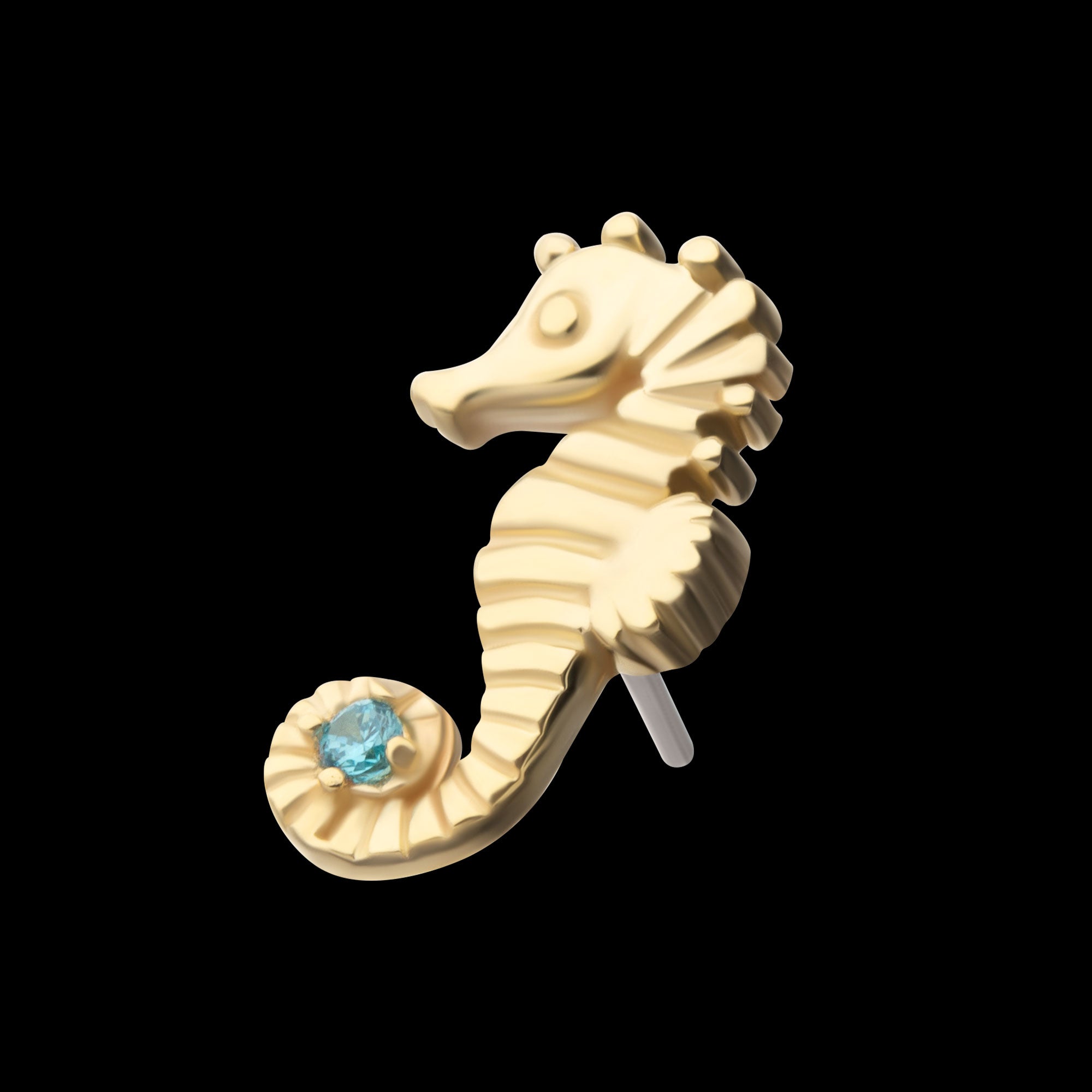 Etched Seahorse with Prong Set Aqua Gem Flatback Stud Earring / Nosering - Aqua Gem in 14Kt Yellow Gold