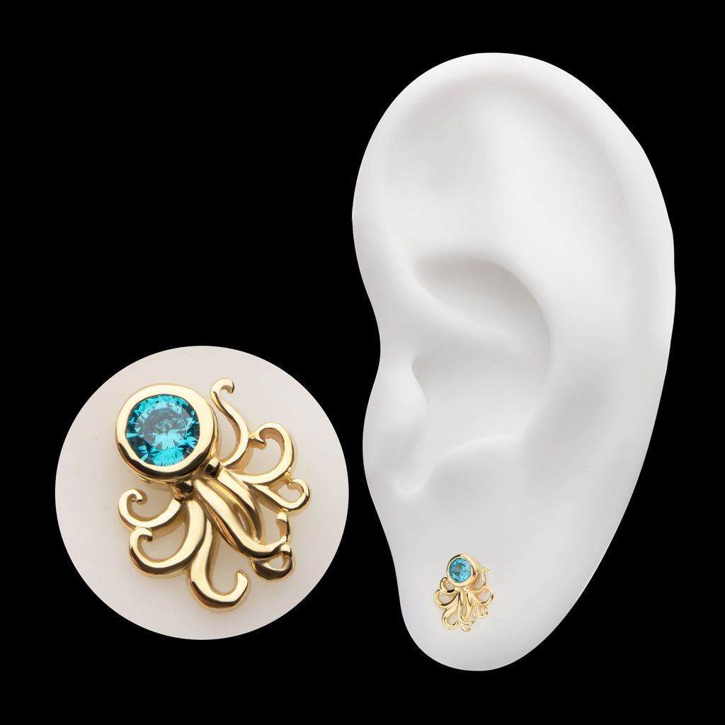 Sprawling Oc us Flatback Stud Earring with Bezel Aqua Gem Flatback Stud Earring / Nosering - Aqua Gem in 14Kt Yellow Gold