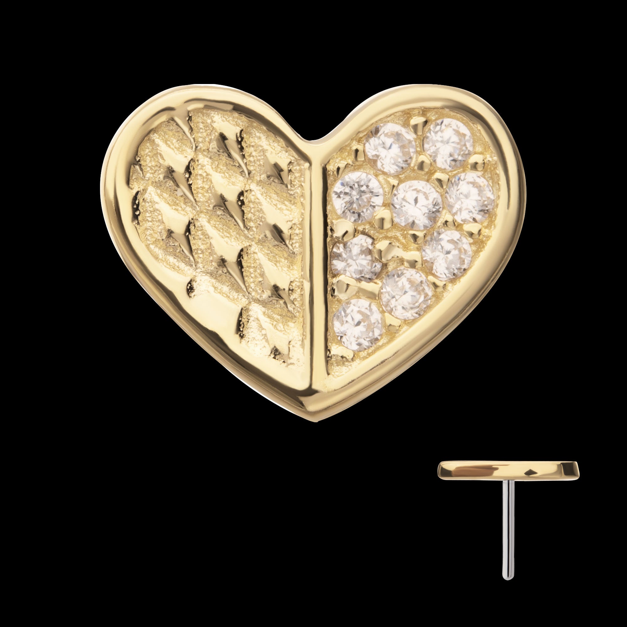 Geometric Heart with One Side Pave Gem Flatback Stud Earring / Nosering - Gem in 14Kt Yellow Gold