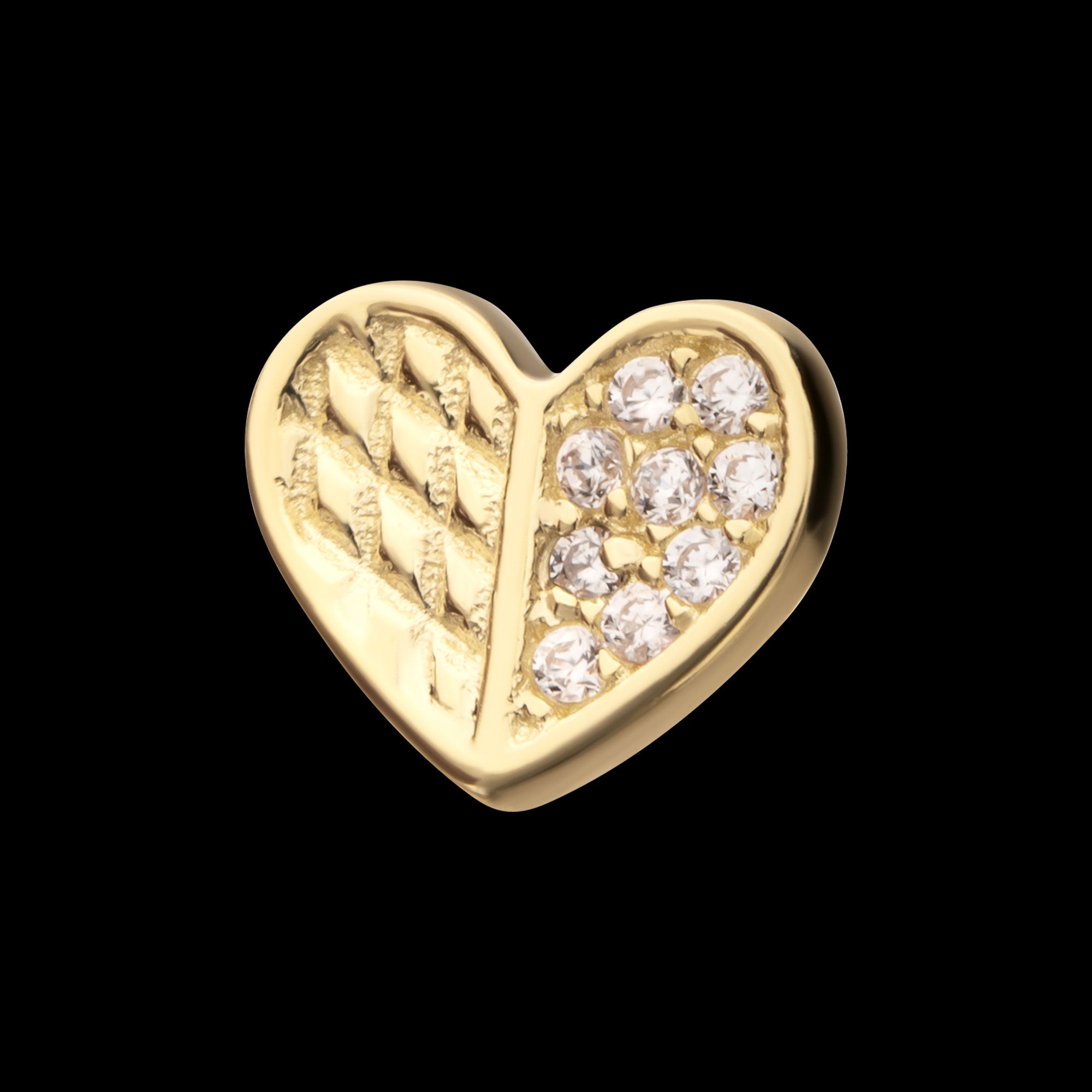 Geometric Heart with One Side Pave Gem Flatback Stud Earring / Nosering - Gem in 14Kt Yellow Gold