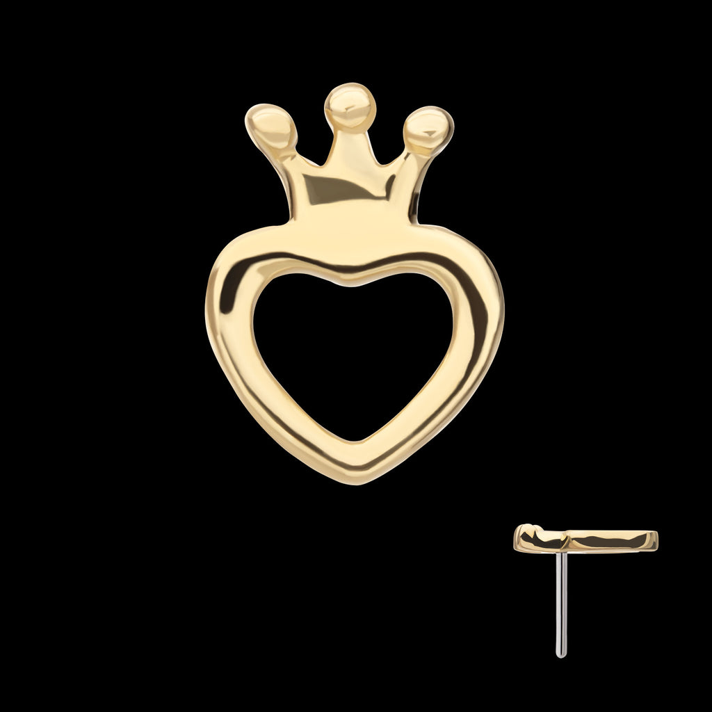 Open Heart with Crown Flatback Stud Earring / Nosering - 14Kt Yellow Gold