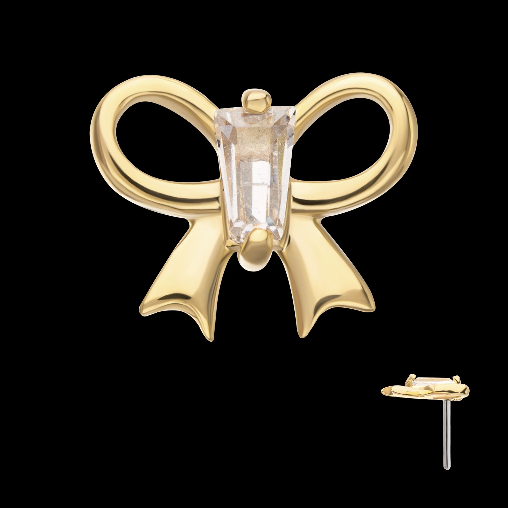 Cut Out Bow with Prong Set Baguette Gem Flatback Stud Earring / Nosering - Gem in 14Kt Yellow Gold