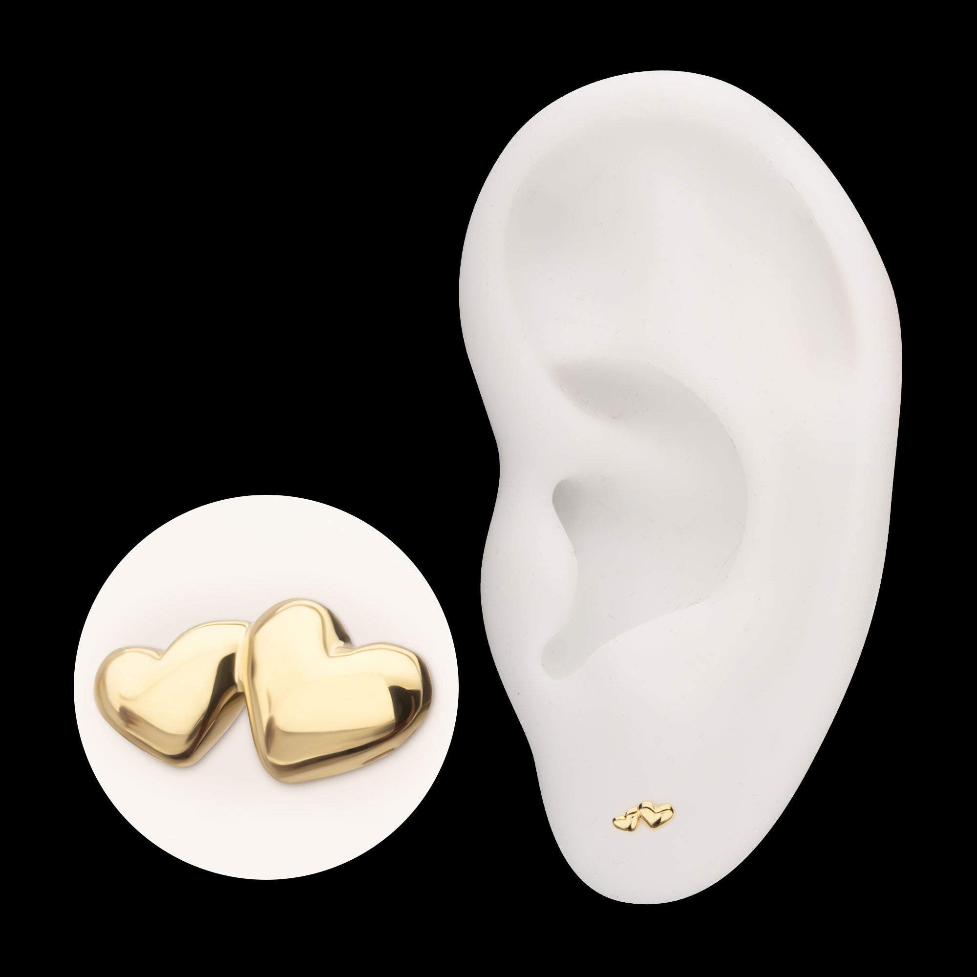Double Puffy Heart Flatback Stud Earring / Nosering - 14Kt Yellow Gold